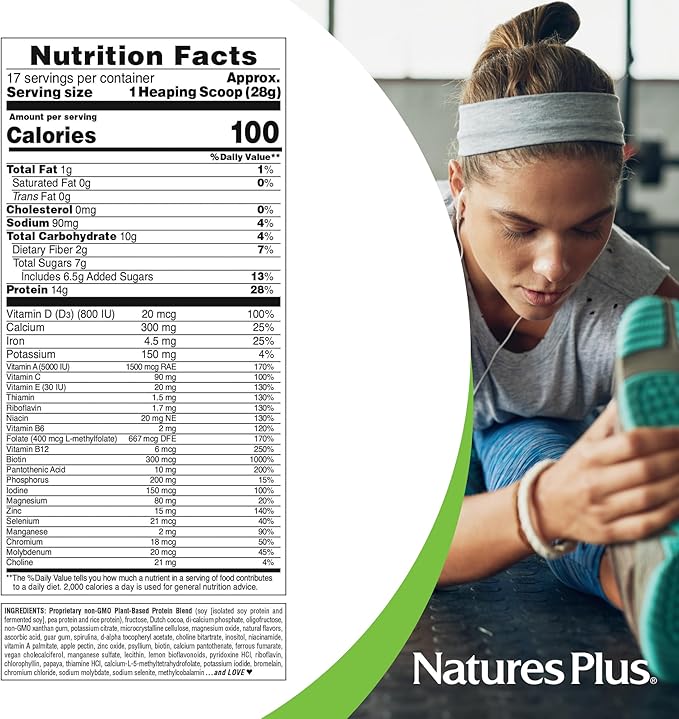 NaturesPlus SPIRU-TEIN Chocolate - 1.05 lb - Plant-Based Protein Shake - Non-GMO Vegetarian Gluten Free - 17 Total Servings