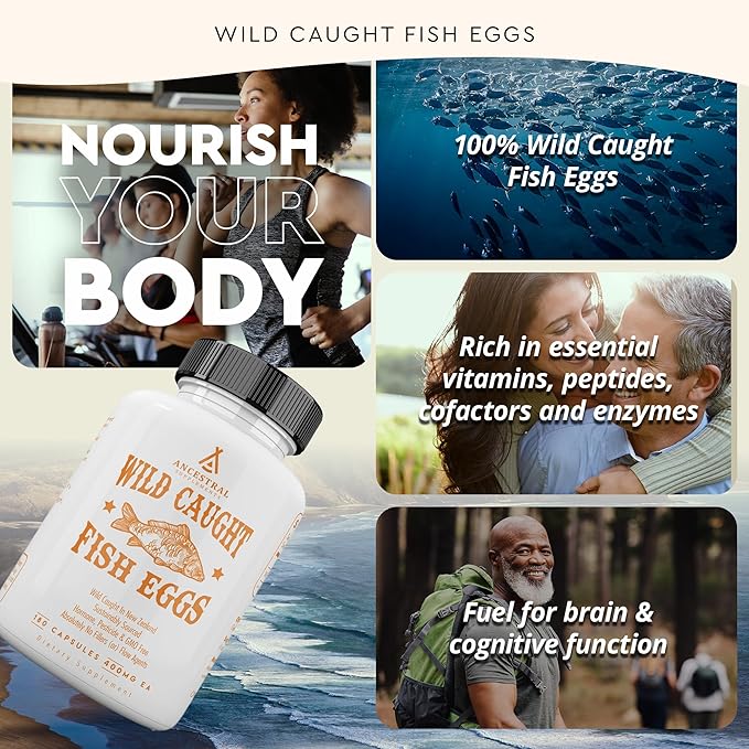 Ancestral Supplements Wild Caught Fish Eggs 2400mg Omega-3 Supplement Supports Brain Heart Fertility and Inflammatory Health Whole Food Source of Vitamin D K2 and A Non-GMO 180 Capsules