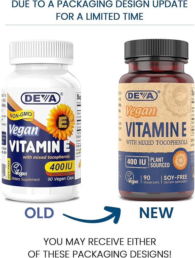 DEVA Vegan Vitamins Natural Vitamin E 400IU with Mixed Tocopherols Supports Immune System &amp Skin Nutrition Natural Antioxidant &amp Gluten Free Dairy Free Non-GMO 90 Capsules