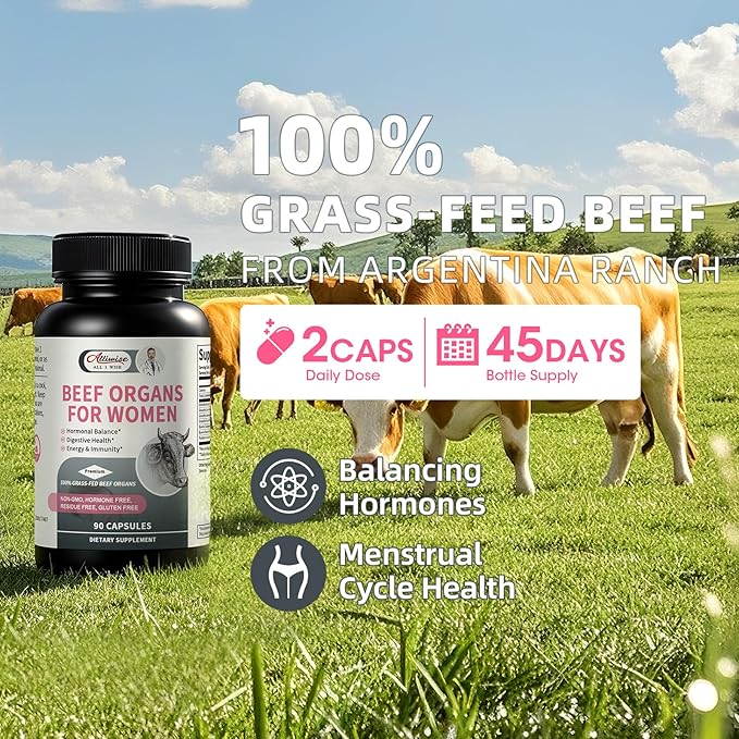 Alliwise 2 Pack Beef Organ Supplement for Women - Supports Female Hormonal Balance Energy &amp Overall Wellness 100% Grass Fed Beef Organs Complex: Liver Uterus* Heart &amp 3 More (2 Capsules Dai