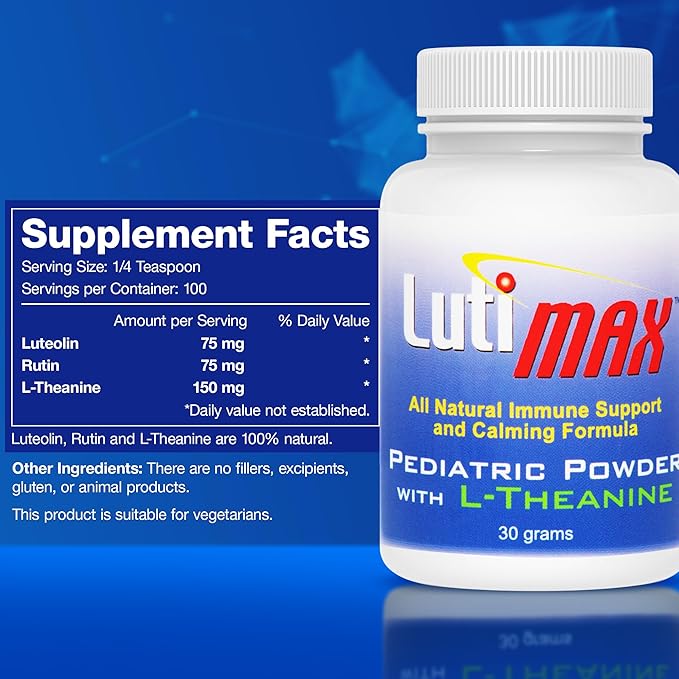Lutimax Pediatric Powder Brain Supplement with Luteolin Rutin &amp LTheanine - Kids Memory Focus Muscle &amp Immune Support Brain Supplement - Nootropic Antioxidants for Brain Health Support 100