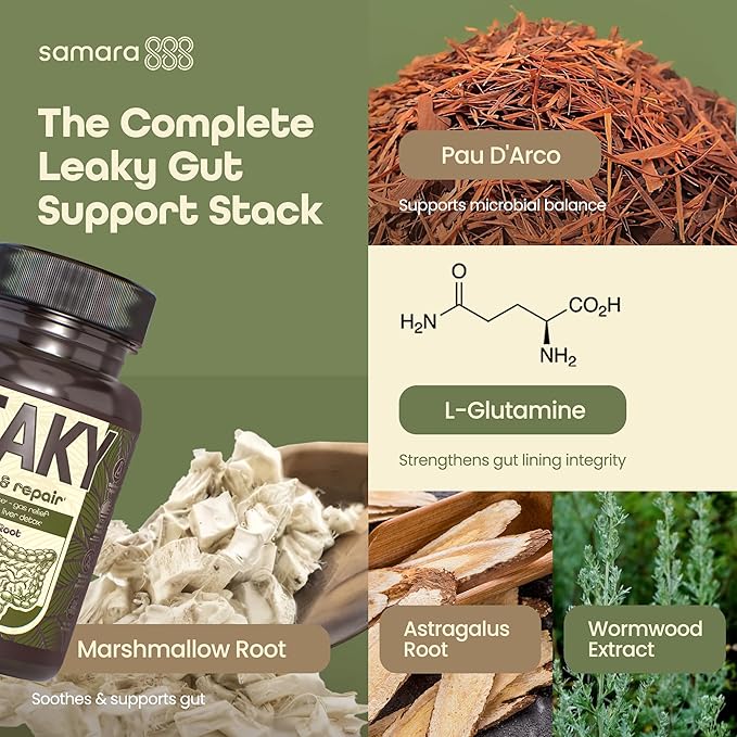 Samara 888 Leaky Gut Repair Supplement &amp Candida Support with Marshmallow Root Woormwood and PAU D'Arco - Liver Cleanse Detox &amp Repair - Supports Gas Relief for Adults - 90 Vegan Capsules