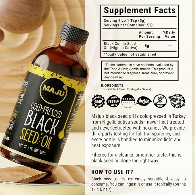 MAJU's Black Seed Oil 16oz: 3X Thymoquinone Cold Pressed 100% Turkish Black Cumin Nigella Sativa Seed Oil (Better Than Organic) Non-GMO 100% Liquid Pure Blackseed Glass Bottle