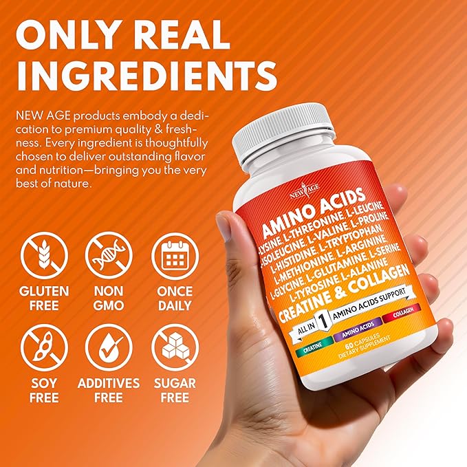 NEW AGE Amino Acids Supplement L-Lysine L-Threonine L-Leucine Isoleucine Valine L-Histidine L-Tryptophan L-Methionine L-Arginine L-Cysteine L-Glutamine L-Serine Aspartic Acid- 180 Count