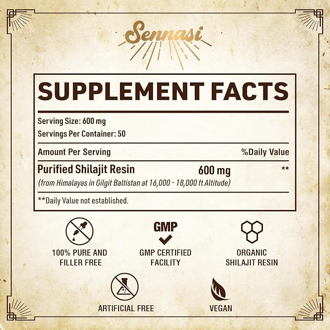 Sennasi Shilajit Pure Himalayan Organic Shilajit Resin - 600mg Maximum Potency Natural Organic Shilajit Resin with 85+ Trace Minerals &amp Fulvic Acid for EnergyImmune Support30 Grams (4 Pack)