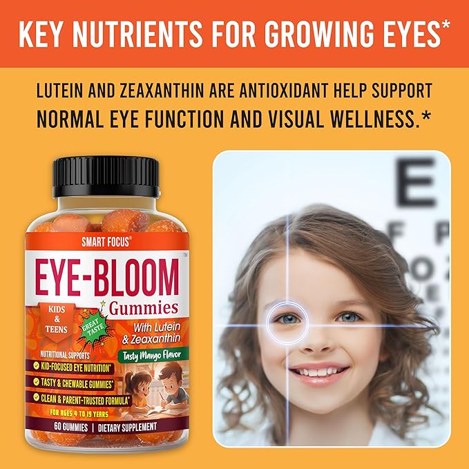 Eye-Bloom Lutein Eye Gummies for Kids &amp Teens – Vision Support with Lutein &amp Zeaxanthin Mango Flavor 60 Gummies