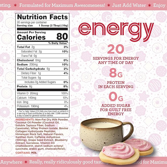 Perk Energy Drink Mix (Sugar Cookie) 20 Servings - Caffeinated Healthy Coffee Alternative with Protein 100mg of Caffeine Gluten-Free Soy-Free Peanut-Free