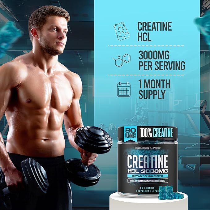 Creatine HCl 3000mg Per Serving - Raspberry Flavor - Vegan Gummies (90 Count Single Pack)