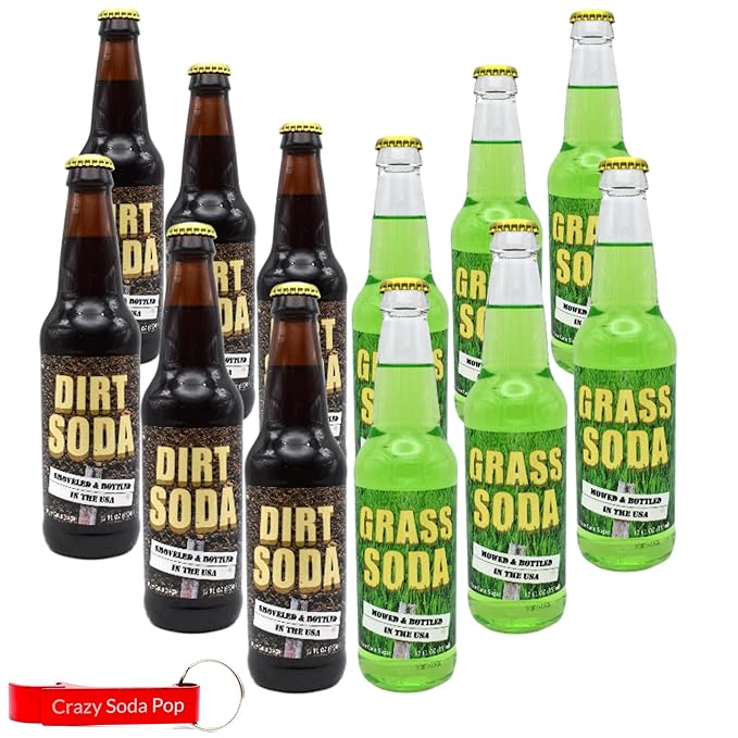 Dirt and Grass Soda Variety Pack| 12 Pack of 2 Unique Flavors of Soda Pop with Real Cane Sugar | 12 oz Glass Bottles in a Mixed 12 Pack Sampler with Crazy Soda Pop Bottle Opener