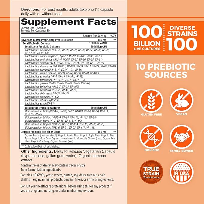 Vital Planet - Vital Flora Advanced Biome Probiotic 100 Billion CFU 100 Diverse Strains 10 Organic Prebiotics Immune Support Colon and Digestive Health Probiotics for Women and Men 30 Capsules