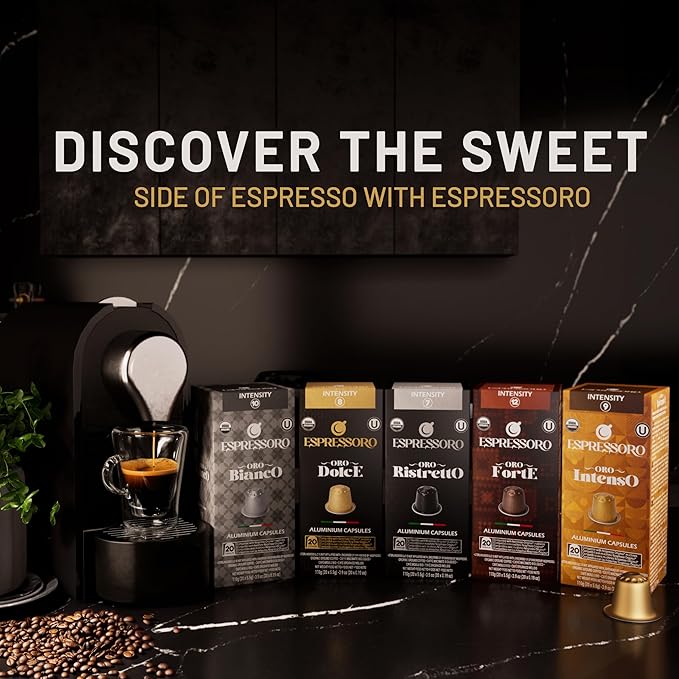 ESPRESSORO 100 USDA Organic Espresso Pods - BIANCO Aluminum Capsule Compatible with Nespresso Original Lines Machines. Intensity 10 Premium Italian Expresso Coffee Capsules