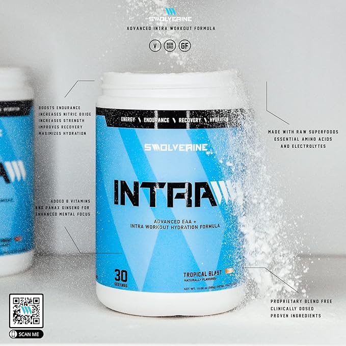 Swolverine Intra | Essential Amino Acids Electrolytes Coconut Water Pomegranate Tart Cherry Spirulina Vegan Non-GMO Gluten Free (30 Servings Tropical Blast)