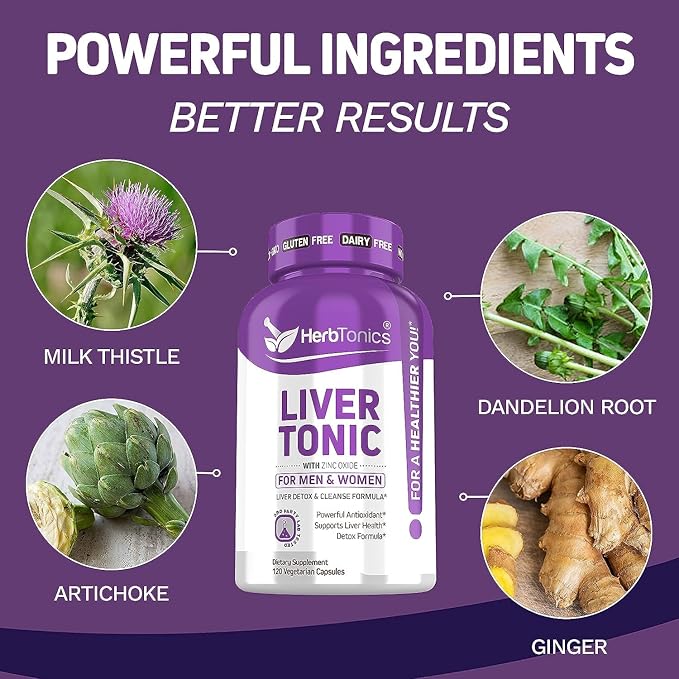Herbtonics Liver Cleanse Detox &amp Repair | 20-in-1 Liver Detox Complex | Milk Thistle Supplement with Artichoke Dandelion Turmeric Berberine | 240 Vegan Capsules