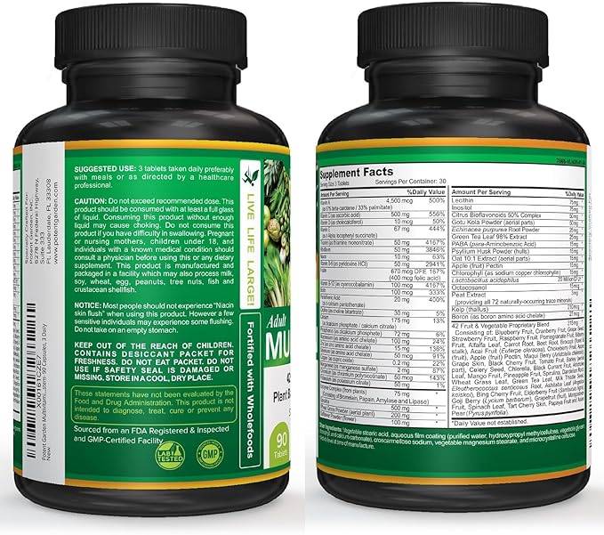 Potent Garden Multivitamin for Men &amp Women – 42 Fruits &amp Vegetables Probiotics &amp Enzymes Daily Whole Food Supplement for Energy Immune Support &amp Digestion Non-GMO 90 Tablets