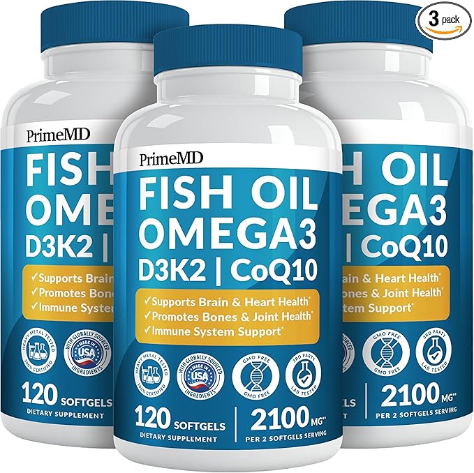 5-in-1 Fish Oil Omega 3 Fatty Supplements (2100mg) - Omega 3 Fish Oil with Vitamins D3 K2 and CoQ10 - Lemon Flavored (120 softgels Pack of 3)
