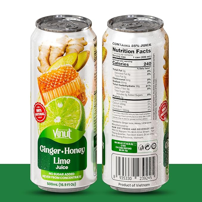 VINUT Ginger Honey &amp Lime Juice 85% Juice No Added Sugar Not From Concentrate 16.9 fl oz (500 mL) Can Pack of 6