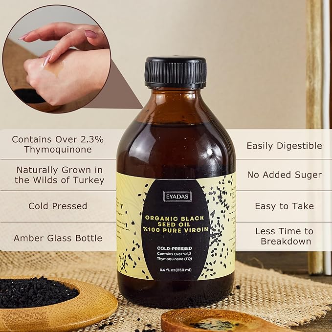 Organic Black Seed Oil 8.4 Fl Oz – 100% Turkish Cold-Pressed Nigella Sativa with 3X Thymoquinone – Pure Cumin Extract in Amber Glass Bottle for Immune Hair Skin &amp Overall Wellness