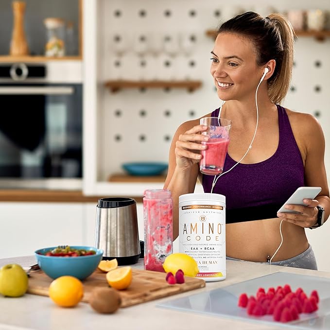 Ultra Human Amino Code | Essential Amino Acids + BCAAs + Coconut Water Electrolytes | Fast Hydration Amino Energy Powder Drink | 40 Servings - Raspberry Lemonade