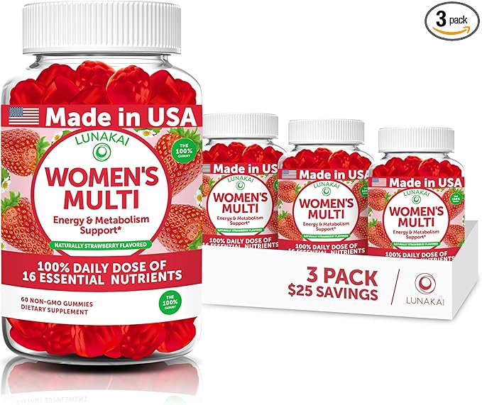 Lunakai USA Made Womens Multivitamin Gummies - Delicious Daily Dose with 16 Multi Vitamins for Women - Energy &amp Immune Support Non-GMO - 3 Pack