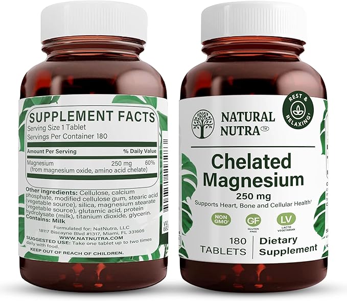 Natural Nutra Chelated Magnesium Oxide 250 mg - High Absorption for Strong Bones Heart Health Energy Boost Gluten-Free Non-GMO 180 Tablets (2 Pack) in BPA-Free Recyclable Glass Bottles