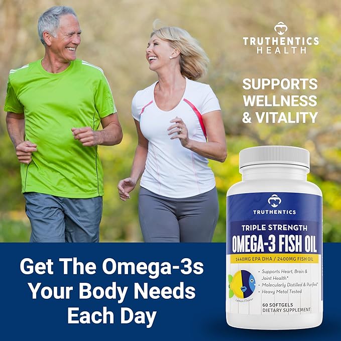 TRUTHENTICS Omega 3 Fish Oil - 2400 mg Triple Strength High EPA + DHA Omega-3 Fatty Acids for Men &amp Women - Burp-Free Lemon Flavor Fish Oil Supplement - 60 Softgels