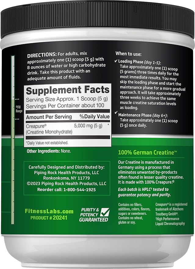 Fitness Labs German Creatine Monohydrate Powder | 500 Grams | Creapure Fitness Supplement | for Men &amp Women | Unflavored | 100 Servings