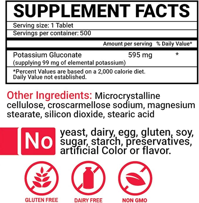 Peter Gillham’s Life Essentials Potassium Gluconate tablets 595mg 500 Tablets Support Electrolyte Balance Made in USA (Package May Vary)