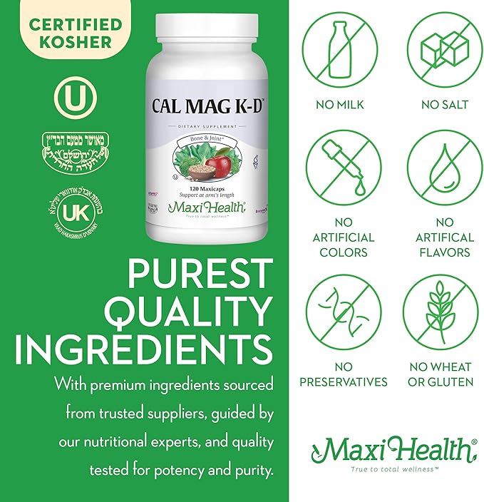 Maxi Health Men and Women 500 mg Calcium Supplement with Vitamin D3 (2000 IU) Magnesium (250 mg) and Vitamin K2 (150 mcg) - Bone Teeth and Joint Support - 120 Capsules