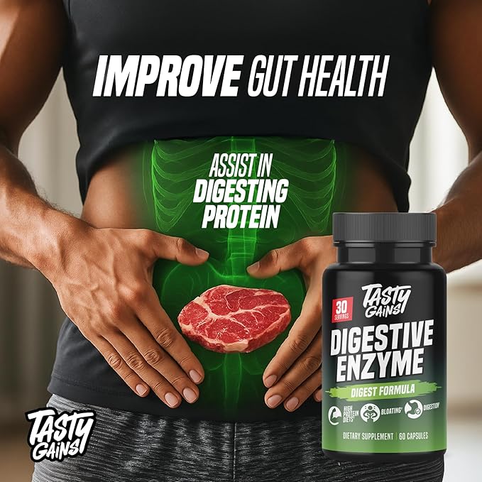 TASTY GAINS - Complete Digestive Enzymes Supplement for Gut Health - Bloating Relief for Men and Women - Enzymes for Digestion - Food Discomfort Relief &amp Debloat (60 Capsules)