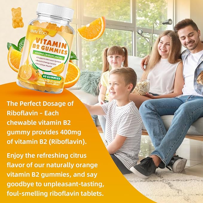 2 Pack Vitamin B2 Gummies - Riboflavin 400mg for Kids &amp Adults Migraine Relief &amp Headache Relief Vegan Sugar-Free Orange Flavor 120 Gummies