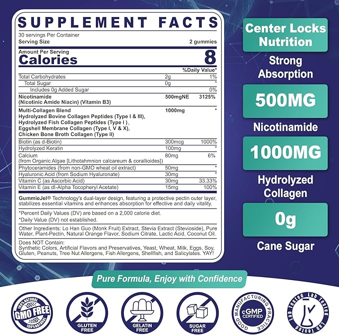 NEVISS Nicotinamide 500mg Gummies Niacinamide Supplement with Collagen Peptides (Flush Free Niacin) Vitamin B3 Niacinamide for Anti-Aging NAD+ Levels Longevity Focus &amp Brain Sugar Free 60Ct