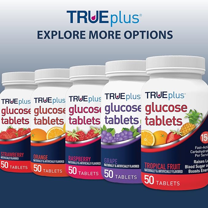 TRUEplus Glucose Tablets Chewable Orange Flavor 15g Fast-Acting Carbohydrates Fat Free Gluten Free Raise Low Blood Sugar and Boost Energy 50 Count 3 Bottles