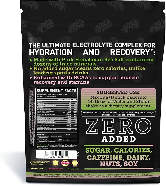 Enhanced Electrolyte Powder Stick Packs (Strawberry Kiwi | 20 Packets) w/ 0 Sugar +BCAAs +B-Vitamins Electrolyte Supplement w Potassium Zinc &amp Magnesium for Hydration - Keto Electrolytes
