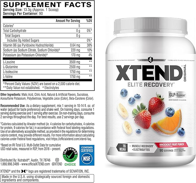 XTEND Original BCAA Powder Knockout Fruit Punch | Sugar Free Post Workout Muscle Recovery Drink with Amino Acids | 7g BCAAs for Men &amp Women | 90 Servings