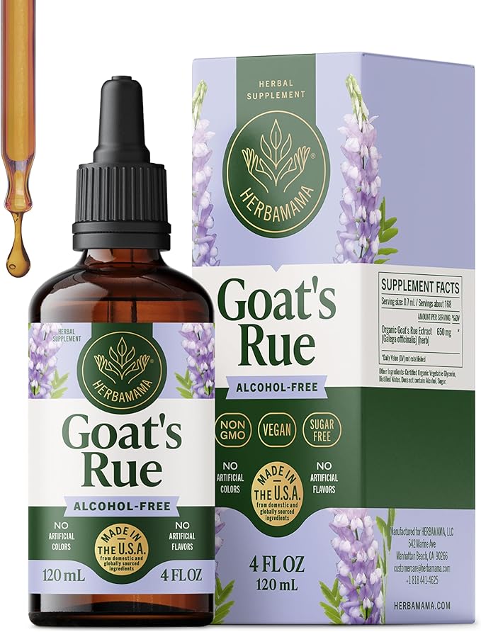 HERBAMAMA Goat's Rue Tincture - Vegan Lactation Support with Galega Officinalis Extract - Breastfeeding Support Drops - Non-GMO Alcohol &amp Sugar-Free Lactation Supplement 56-Day Supply