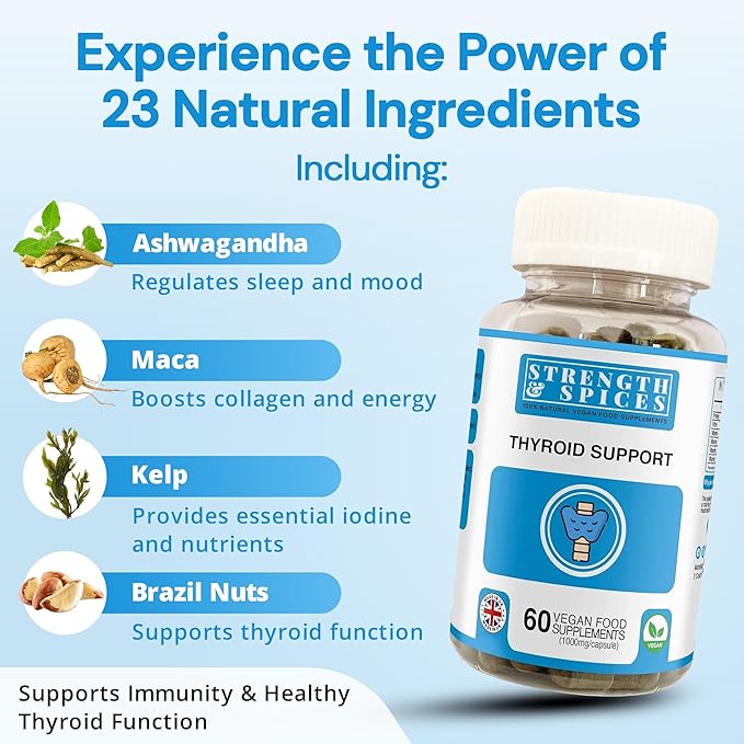 Strength &amp Spices - Thyroid Support Iodine Supplement with Maca Root Sea Kelp Brazil Nuts and Ashwagandha 60 Capsules