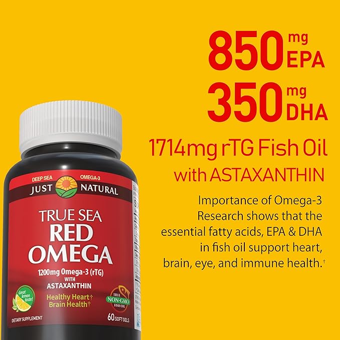 NANOWELL Red Omega-3 with Astaxanthin DHA &amp EPA - Immune Support Fish Oil - 60 Softgels X 1 Bottle (60 Count)