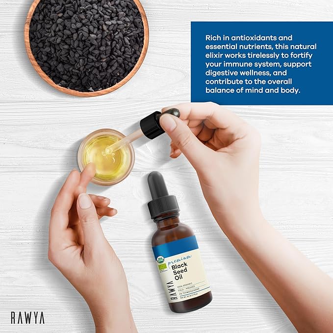 RAWYA Black Pit Oil | Extra Strong Taste With TQ Cold Pressed Nigella Sativa Non-GMO Glass Bottle 8.4 Fl Oz + RAWYA Black Pit Oil - Unrefined Premium With TQ Cold Pressed Natural 1.7 Fl Oz