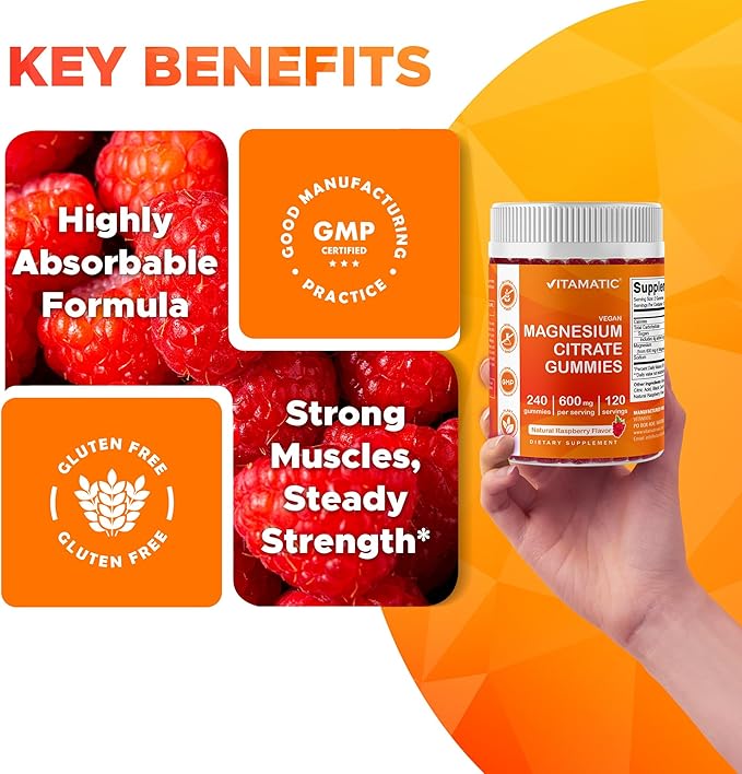 Vitamatic Magnesium Citrate Gummies 600mg per Serving - 240 Vegan Gummies - Natural Raspberry Flavor - High Absorption Magnesium Supplement - Supports Nerve Bone and Muscle Health