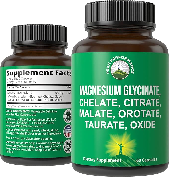 Magnesium Glycinate + Citrate + Malate + Chelate + Orotate + Taurate + Oxide. 7 Forms of Magnesium Complex. 500mg Supplement Capsules for Women &amp Men. 2 Pills for Sleep Leg Cramps Muscles