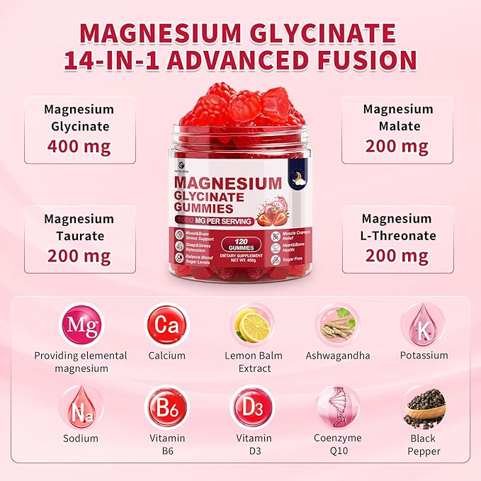120 CT Magnesium Glycinate Gummies 1000 mg for Women and Men Magnesium Malate &amp Taurate Supplements for Sleep Body Support and Relaxation Sugar Free Vegan Strawberry Flavor