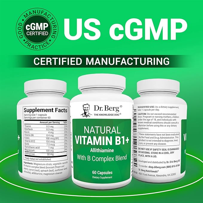 Dr. Berg Natural Vitamin B1 B6 B12 Complex - Allithiamine Vitamin B1 Supplement with 8 Essential Vitamin B Complex for Men &amp Women Including Thiamin Niacin Folate Magnesium &amp More - 60 Caps