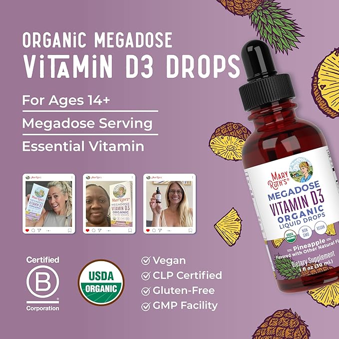 MARYRUTH'S Vitamin D3 Liquid Drops | Megadose 4000 IU | USDA Organic Liquid Vitamin D Spray for Adults &amp Kids | Immune Support &amp Bone Health | Vegan | Gluten Free | Non-GMO | 30 Servings