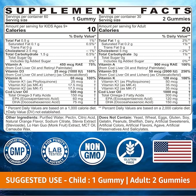 Cod Liver Oil Gummies 1000mg for Kids &amp Adults - w/Omega 3 (EPA &amp DHA) Vitamins A D3 &amp K2 - Cod Liver Oil Omega 3 Gummies for Immune Brain &amp Cognitive Support Sugar-Free Orange Fl