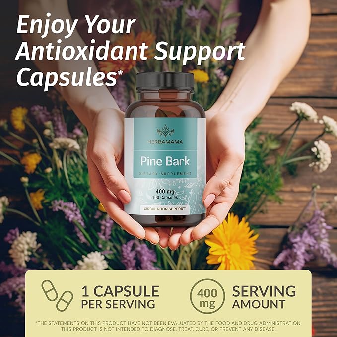 HERBAMAMA Pine Bark Extract Capsules - 400mg French Maritime Pine Bark Extract Powder for Antioxidant Support - Vegan Non-GMO Pinus Pinaster Supplement