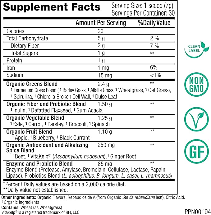 Peak Pure &amp Natural Peak Greens Support pH Balance and Alkalinity | Superfood Green Drink Powder | Blend of Fermented Grass Vegetable &amp Fruit | Digestive Enzyme &amp Probiotic Powder