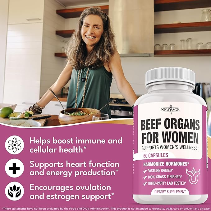 NEW AGE Beef Organ Supplement for Women - Beef Liver Kidney Heart and Uterus Tissue Supports Women's Overall Energy and Health - Pasture Raised Grass Fed - No Fillers - 180 Capsules