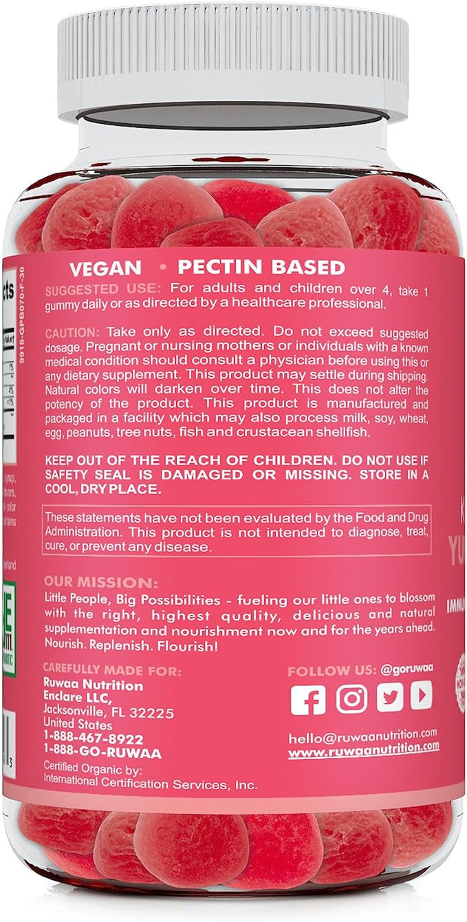 RUWAA NUTRITION Kids Organic Probiotic Gummies for Digestive Health Immune Support Constipation Bloating. 2.5 Billion CFU Strawberry Flavor Chewable Probiotics for Children Ages 4+ 30ct (1)