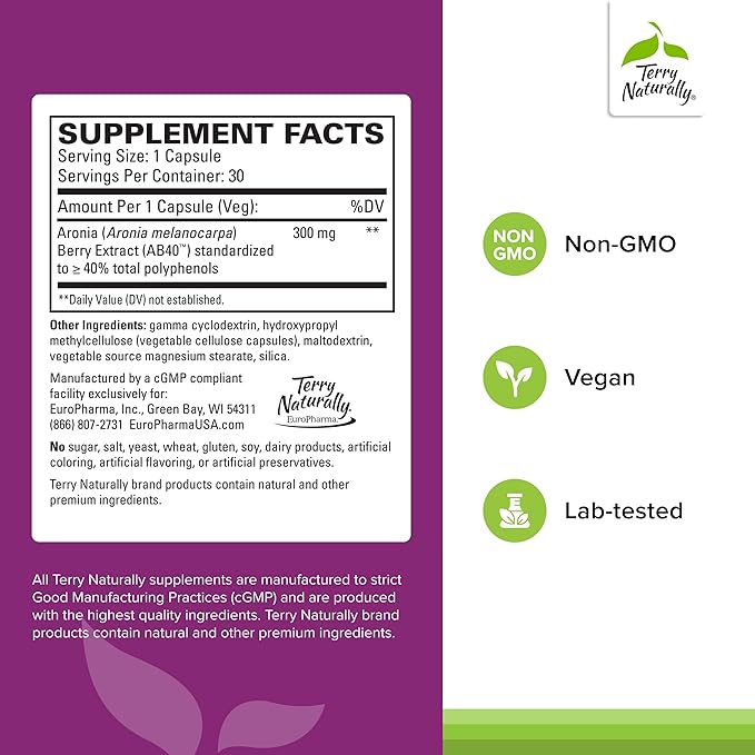 Terry Naturally Aronia Berry 300 - Antioxidant Supplement for Heart &amp Cellular Health - Vegan &amp Gluten-Free - 30 Capsules (30 Servings)