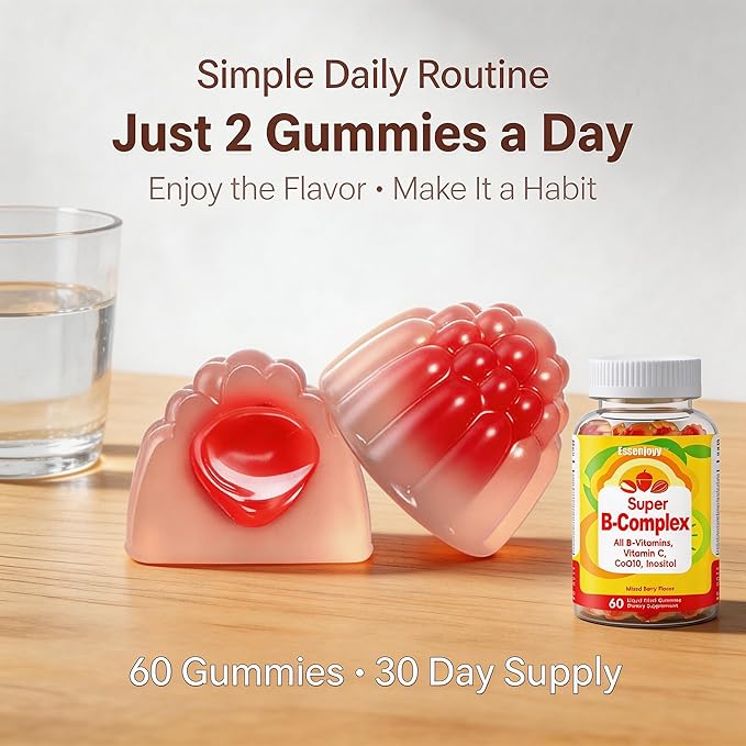 Liquid-Filled B Complex Gummies for Daily Routine Juicy Berry Flavor Complete B Vitamins with Vitamin C CoQ10 &amp Inositol Easy to Enjoy 60 Gummies x 2 (120 Total)
